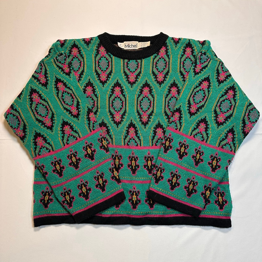 Michel | Vintage 1990s Cropped Metallic Geometric Knit Sweater | Jewel Tone | M